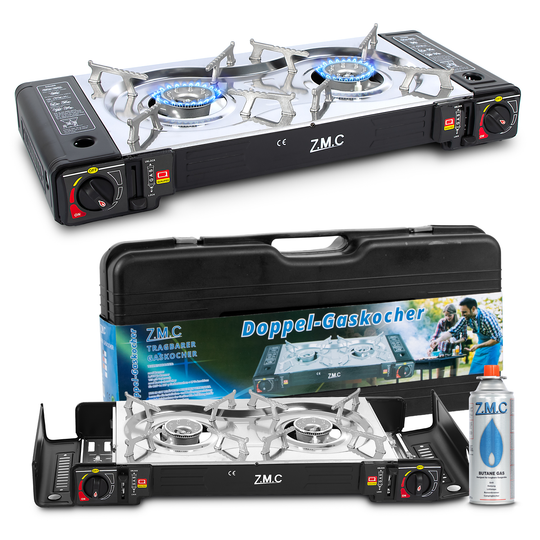 Z.M.C Edelstahl Campingkocher 2-flammig 2,5 kW mit Piezo-Zündung | LPG-Adapter, Koffer &amp; optionaler Grillplatte + Gaskartuschen