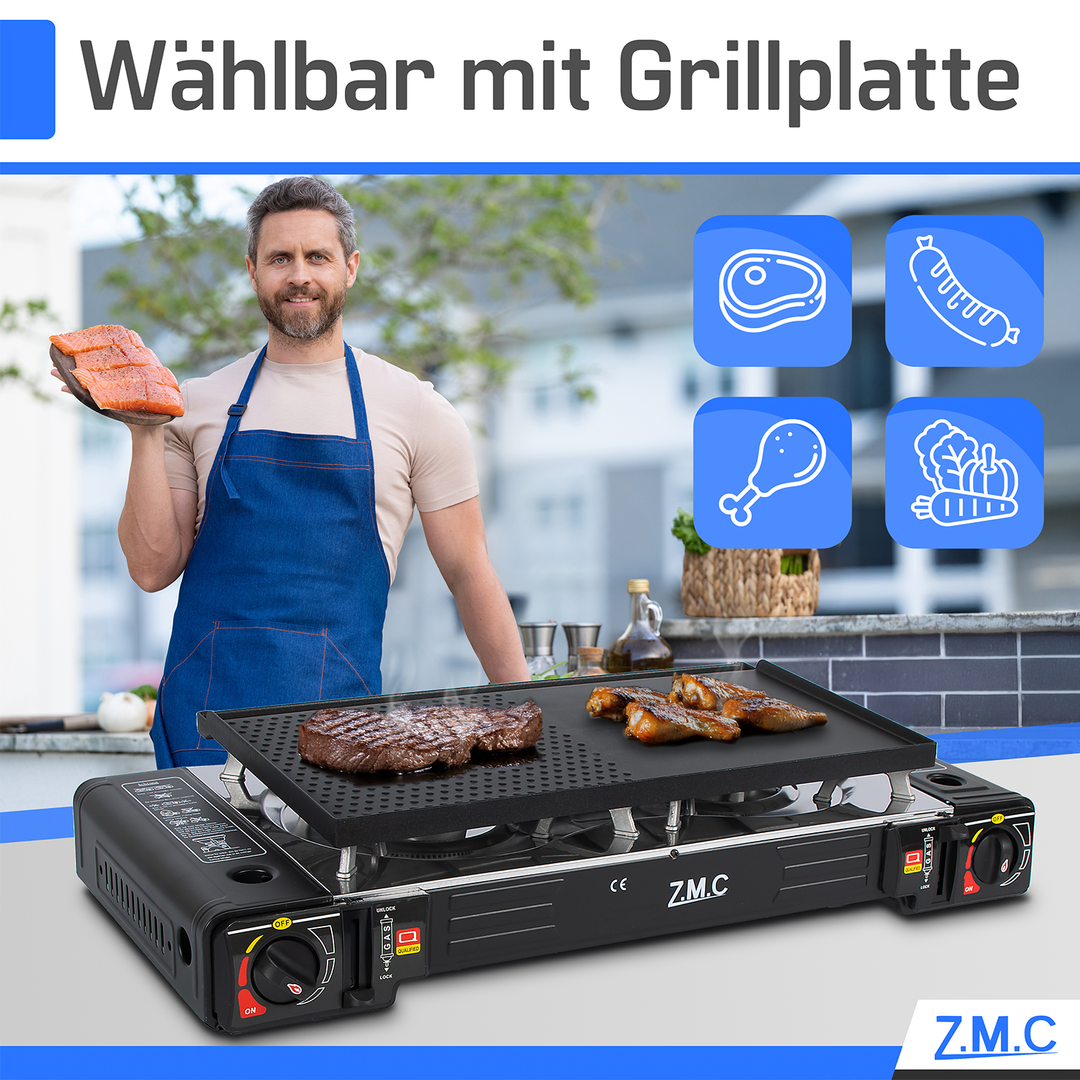 Z.M.C Edelstahl Campingkocher 2-flammig 2,5 kW mit Piezo-Zündung | LPG-Adapter, Koffer &amp; optionaler Grillplatte + Gaskartuschen