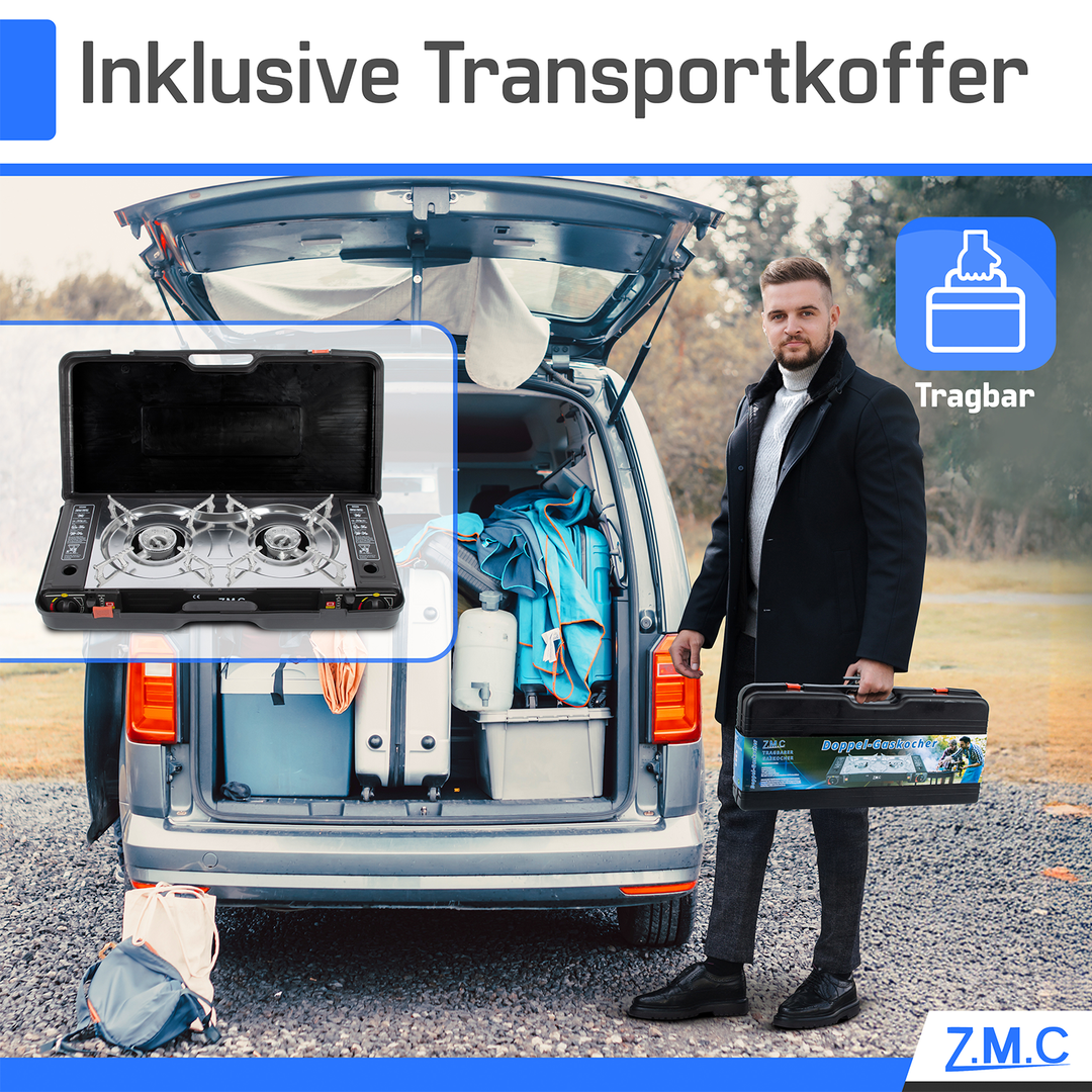 Z.M.C Edelstahl Campingkocher 2-flammig 2,5 kW mit Piezo-Zündung | LPG-Adapter, Koffer &amp; optionaler Grillplatte + Gaskartuschen