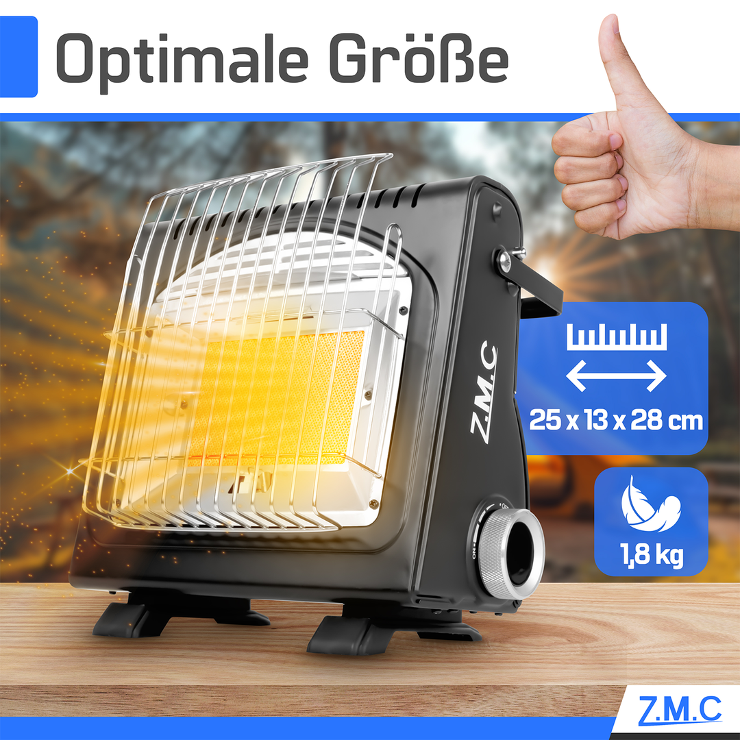 Z.M.C 2in1 Gasheizung + Gaskocher 1,7 kW mit Piezozündung | tragbarer Gasheizer für Camping, Garten &amp; Terrasse + optionale Gaskartuschen