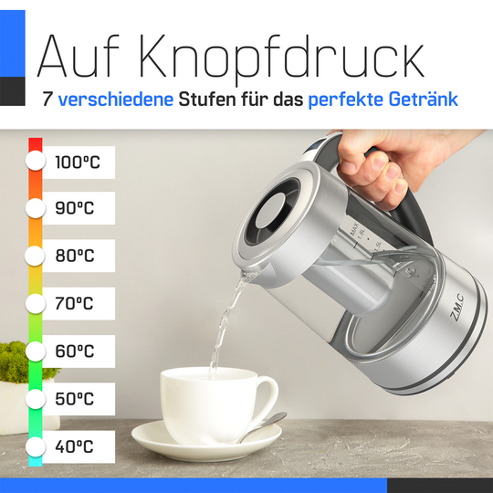 ZMC Wasserkocher mit Temperaturwahl Temperatureinstellung 40-100° C, Temperaturhaltefunktion, LED-Beleuchtung, 1,8 Liter, 360° drehbare Basis Gals, mit Teesieb