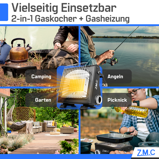 Z.M.C 2in1 Gasheizung + Gaskocher 1,7 kW mit Piezozündung | tragbarer Gasheizer für Camping, Garten &amp; Terrasse + optionale Gaskartuschen
