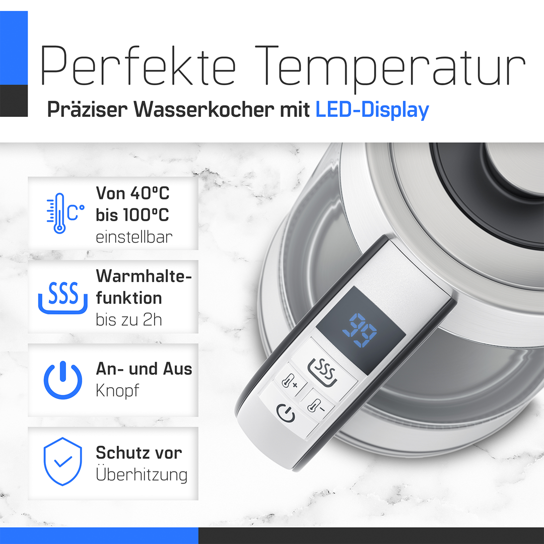 ZMC Wasserkocher mit Temperaturwahl Temperatureinstellung 40-100° C, Temperaturhaltefunktion, LED-Beleuchtung, 1,8 Liter, 360° drehbare Basis Gals, mit Teesieb