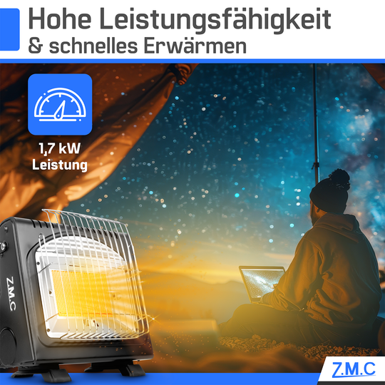 Z.M.C 2in1 Gasheizung + Gaskocher 1,7 kW mit Piezozündung | tragbarer Gasheizer für Camping, Garten &amp; Terrasse + optionale Gaskartuschen