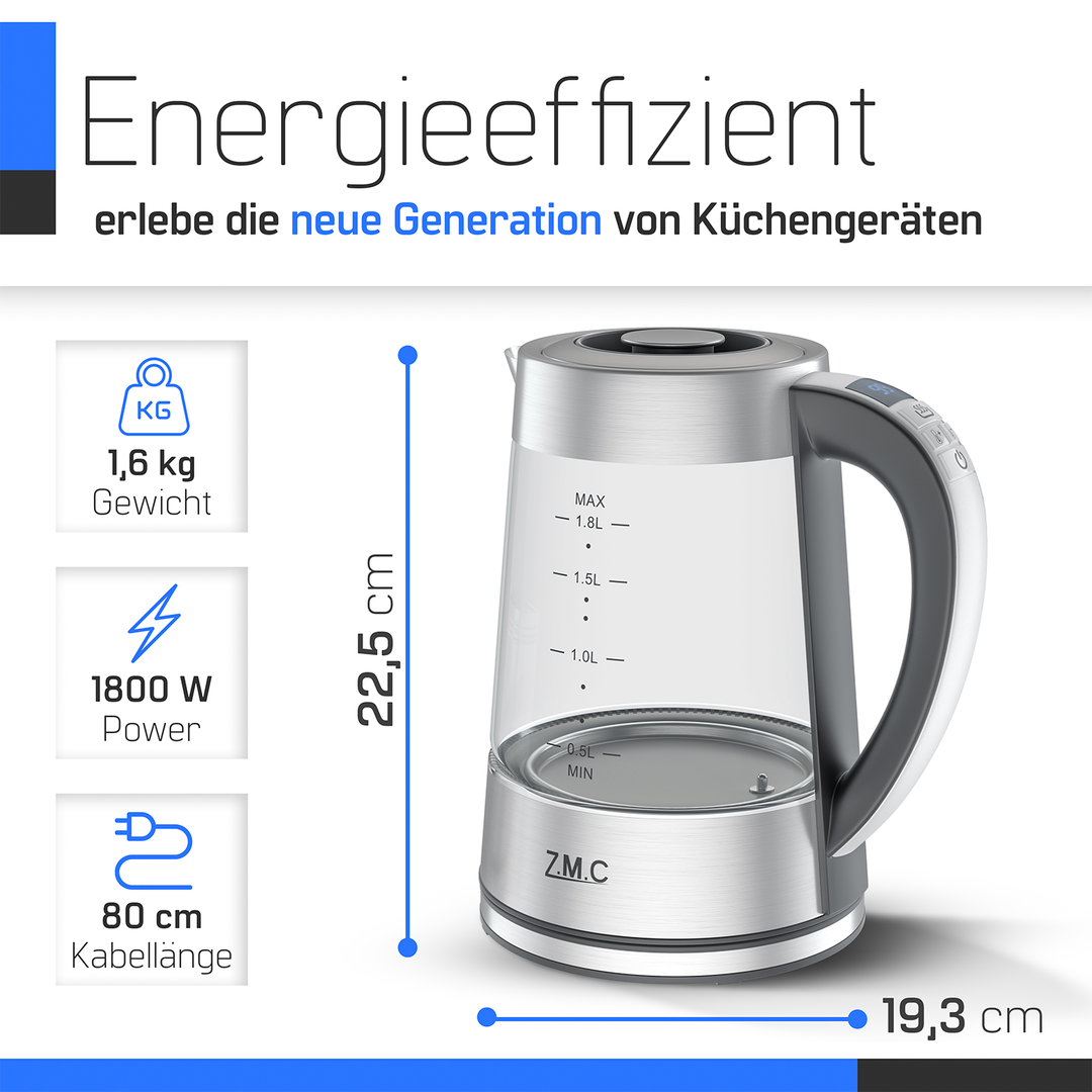 ZMC Wasserkocher mit Temperaturwahl Temperatureinstellung 40-100° C, Temperaturhaltefunktion, LED-Beleuchtung, 1,8 Liter, 360° drehbare Basis Gals, mit Teesieb