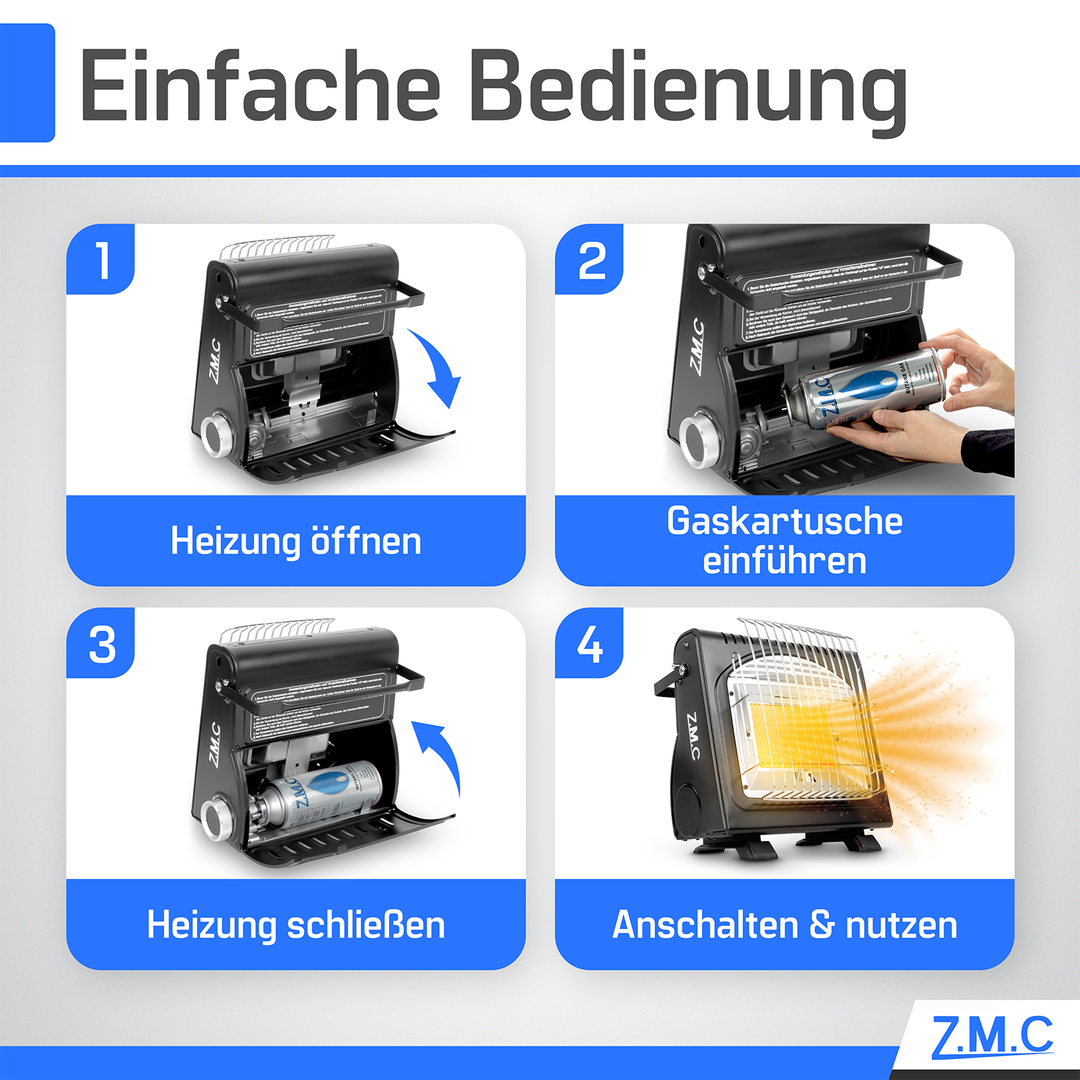 Z.M.C 2in1 Gasheizung + Gaskocher 1,7 kW mit Piezozündung | tragbarer Gasheizer für Camping, Garten &amp; Terrasse + optionale Gaskartuschen