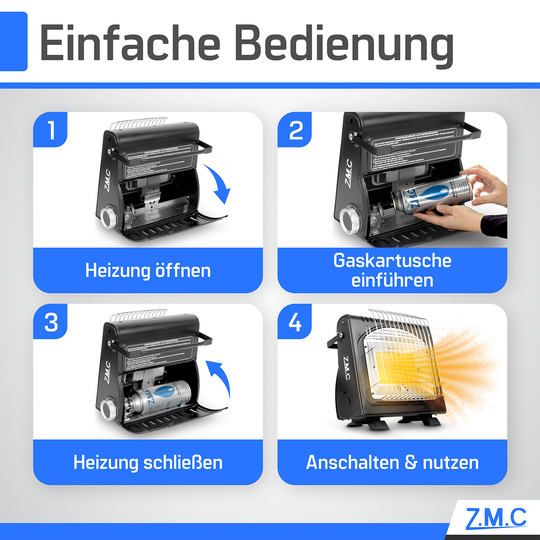 Z.M.C 2in1 Gasheizung + Gaskocher 1,7 kW mit Piezozündung | tragbarer Gasheizer für Camping, Garten &amp; Terrasse + optionale Gaskartuschen