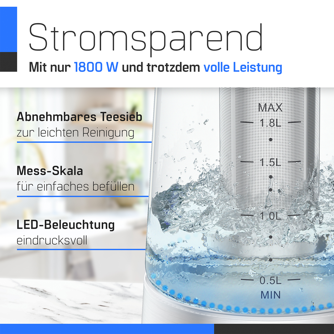 ZMC Wasserkocher mit Temperaturwahl Temperatureinstellung 40-100° C, Temperaturhaltefunktion, LED-Beleuchtung, 1,8 Liter, 360° drehbare Basis Gals, mit Teesieb