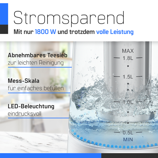 ZMC Wasserkocher mit Temperaturwahl Temperatureinstellung 40-100° C, Temperaturhaltefunktion, LED-Beleuchtung, 1,8 Liter, 360° drehbare Basis Gals, mit Teesieb
