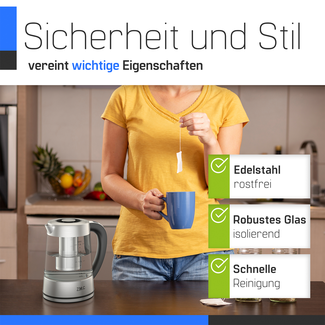 ZMC Wasserkocher mit Temperaturwahl Temperatureinstellung 40-100° C, Temperaturhaltefunktion, LED-Beleuchtung, 1,8 Liter, 360° drehbare Basis Gals, mit Teesieb