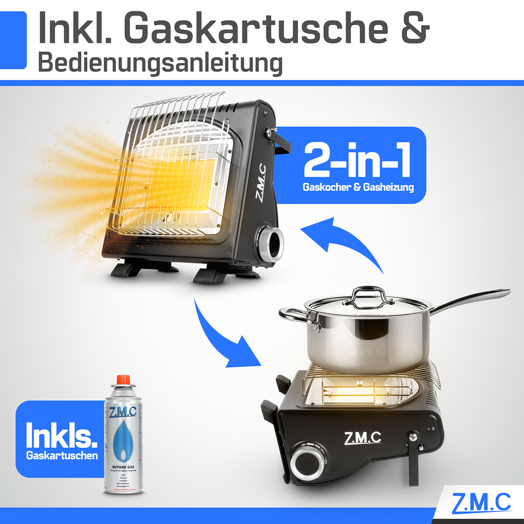 Z.M.C 2in1 Gasheizung + Gaskocher 1,7 kW mit Piezozündung | tragbarer Gasheizer für Camping, Garten &amp; Terrasse + optionale Gaskartuschen