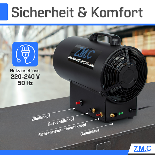 ZMC Gasheizgebläse Heißluftgenerator 15 kW inkl. Gasschlauch und Druckregler, Gasheizlüfter mit Piezozündung, Heizkanone 300 m³/h Luftvolumenstrom