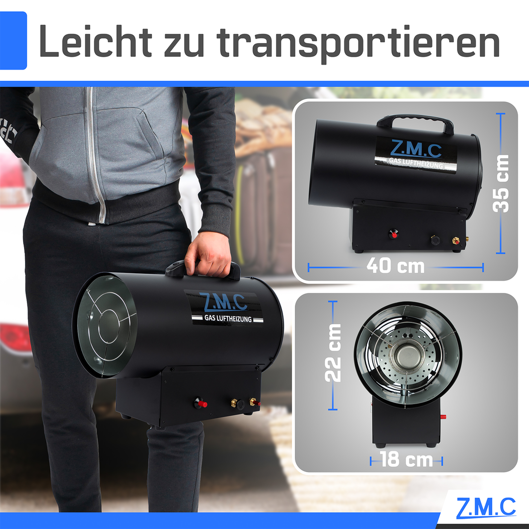 ZMC Gasheizgebläse Heißluftgenerator 15 kW inkl. Gasschlauch und Druckregler, Gasheizlüfter mit Piezozündung, Heizkanone 300 m³/h Luftvolumenstrom