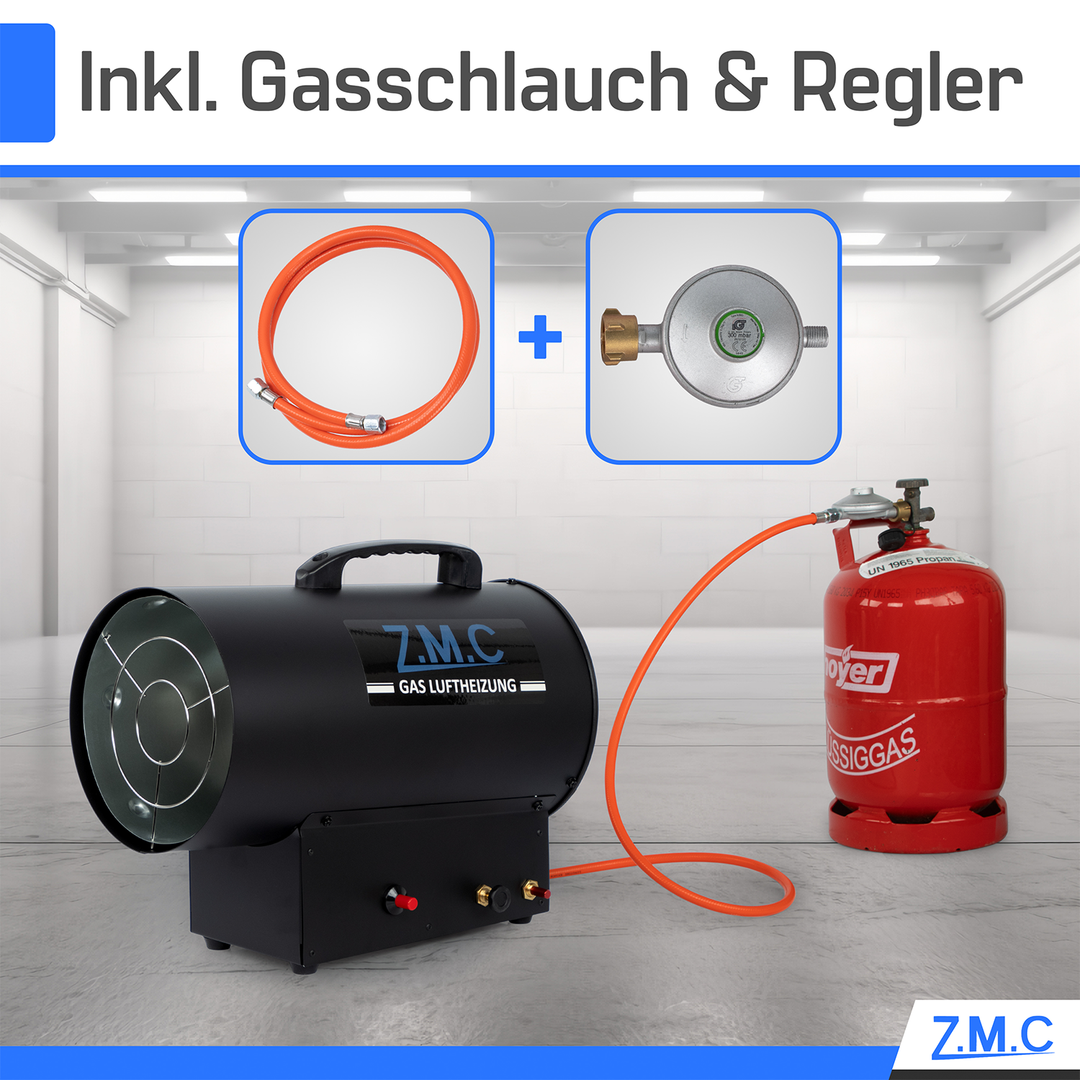 ZMC Gasheizgebläse Heißluftgenerator 15 kW inkl. Gasschlauch und Druckregler, Gasheizlüfter mit Piezozündung, Heizkanone 300 m³/h Luftvolumenstrom