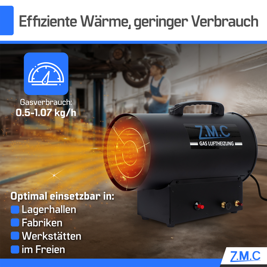 ZMC Gasheizgebläse Heißluftgenerator 15 kW inkl. Gasschlauch und Druckregler, Gasheizlüfter mit Piezozündung, Heizkanone 300 m³/h Luftvolumenstrom