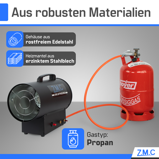 ZMC Gasheizgebläse Heißluftgenerator 15 kW inkl. Gasschlauch und Druckregler, Gasheizlüfter mit Piezozündung, Heizkanone 300 m³/h Luftvolumenstrom