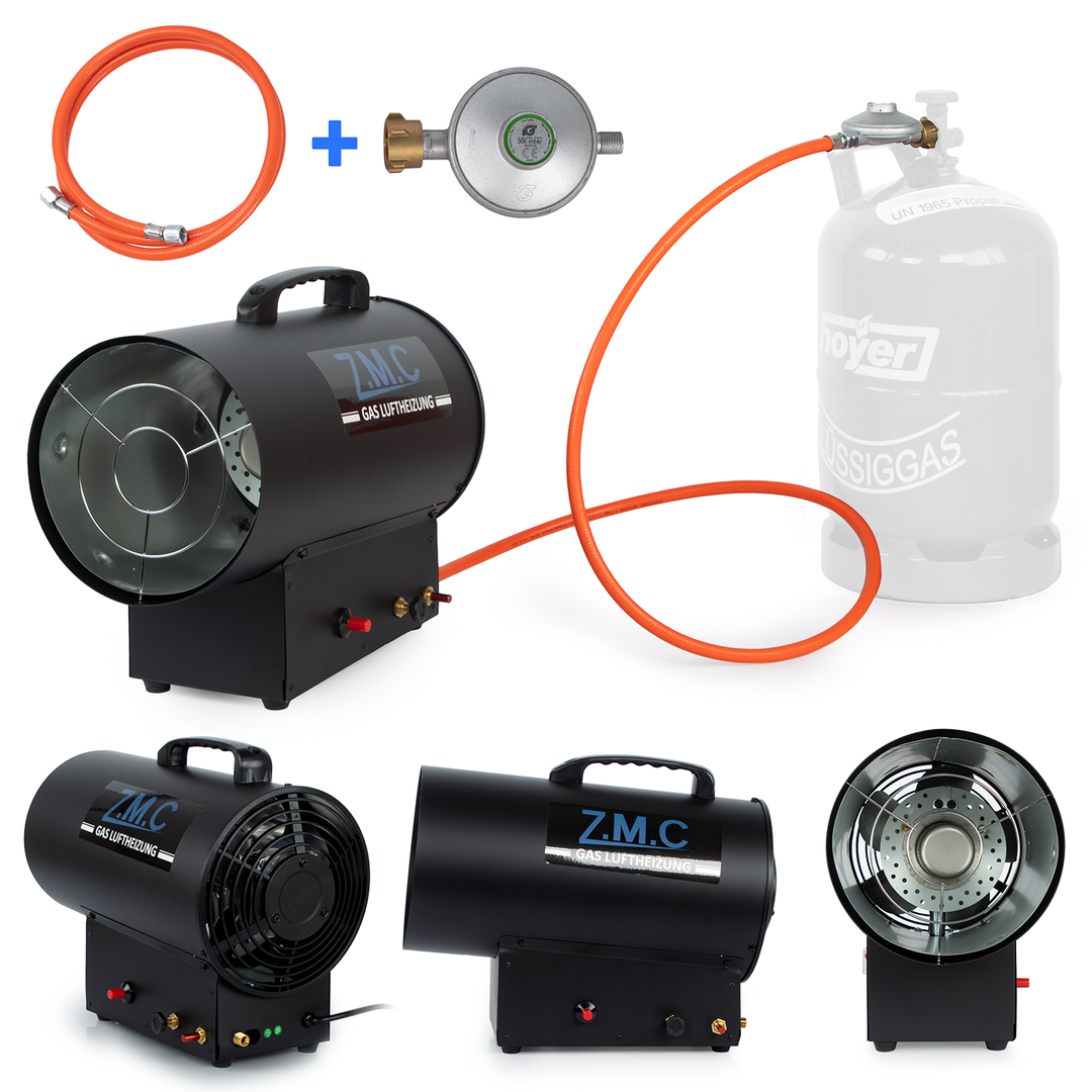 ZMC Gasheizgebläse Heißluftgenerator 15 kW inkl. Gasschlauch und Druckregler, Gasheizlüfter mit Piezozündung, Heizkanone 300 m³/h Luftvolumenstrom