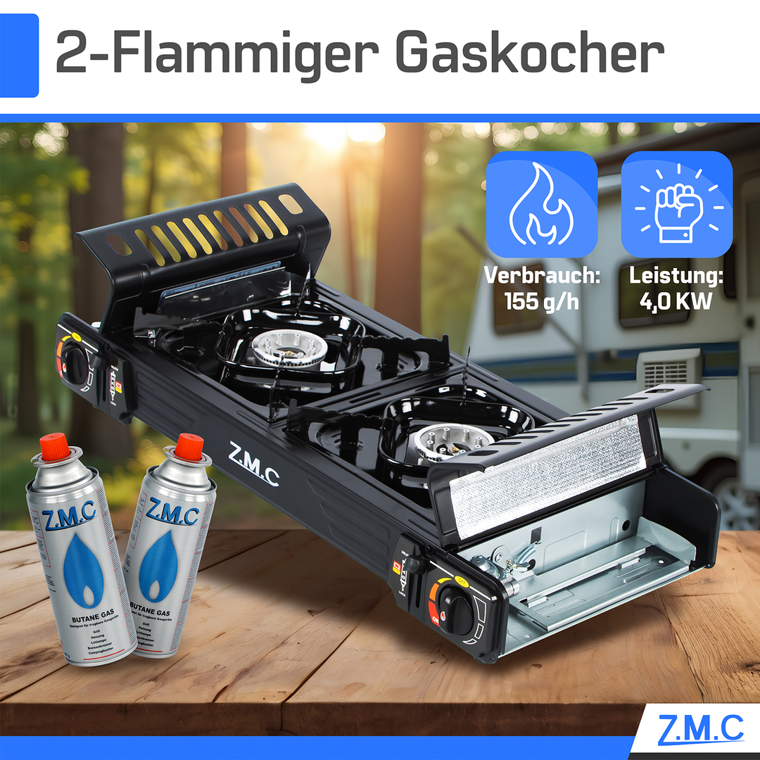 Z.M.C PREMIUM Campingkocher 2-flammig 4,0 kW mit Piezo-Zündung | Gaskocher mit Windschutz &amp; Koffer, + optionale Grillplatte &amp; Kartuschen