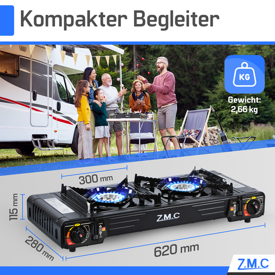Z.M.C PREMIUM Campingkocher 2-flammig 4,0 kW mit Piezo-Zündung | Gaskocher mit Windschutz &amp; Koffer, + optionale Grillplatte &amp; Kartuschen