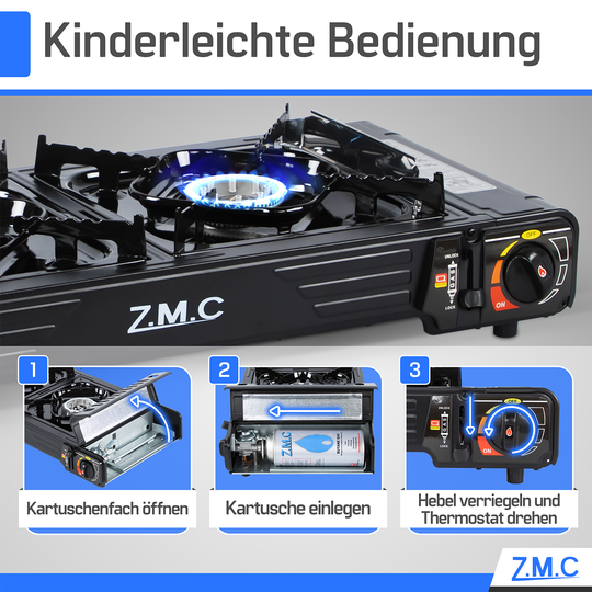 Z.M.C PREMIUM Campingkocher 2-flammig 4,0 kW mit Piezo-Zündung | Gaskocher mit Windschutz &amp; Koffer, + optionale Grillplatte &amp; Kartuschen