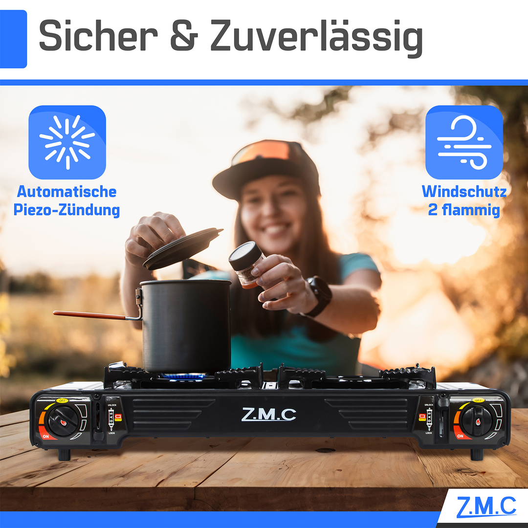 Z.M.C PREMIUM Campingkocher 2-flammig 4,0 kW mit Piezo-Zündung | Gaskocher mit Windschutz &amp; Koffer, + optionale Grillplatte &amp; Kartuschen