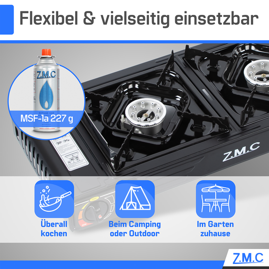 Z.M.C PREMIUM Campingkocher 2-flammig 4,0 kW mit Piezo-Zündung | Gaskocher mit Windschutz &amp; Koffer, + optionale Grillplatte &amp; Kartuschen