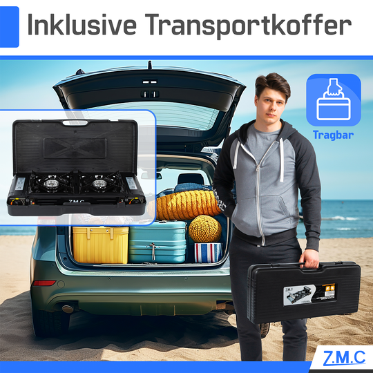 Z.M.C PREMIUM Campingkocher 2-flammig 4,0 kW mit Piezo-Zündung | Gaskocher mit Windschutz &amp; Koffer, + optionale Grillplatte &amp; Kartuschen