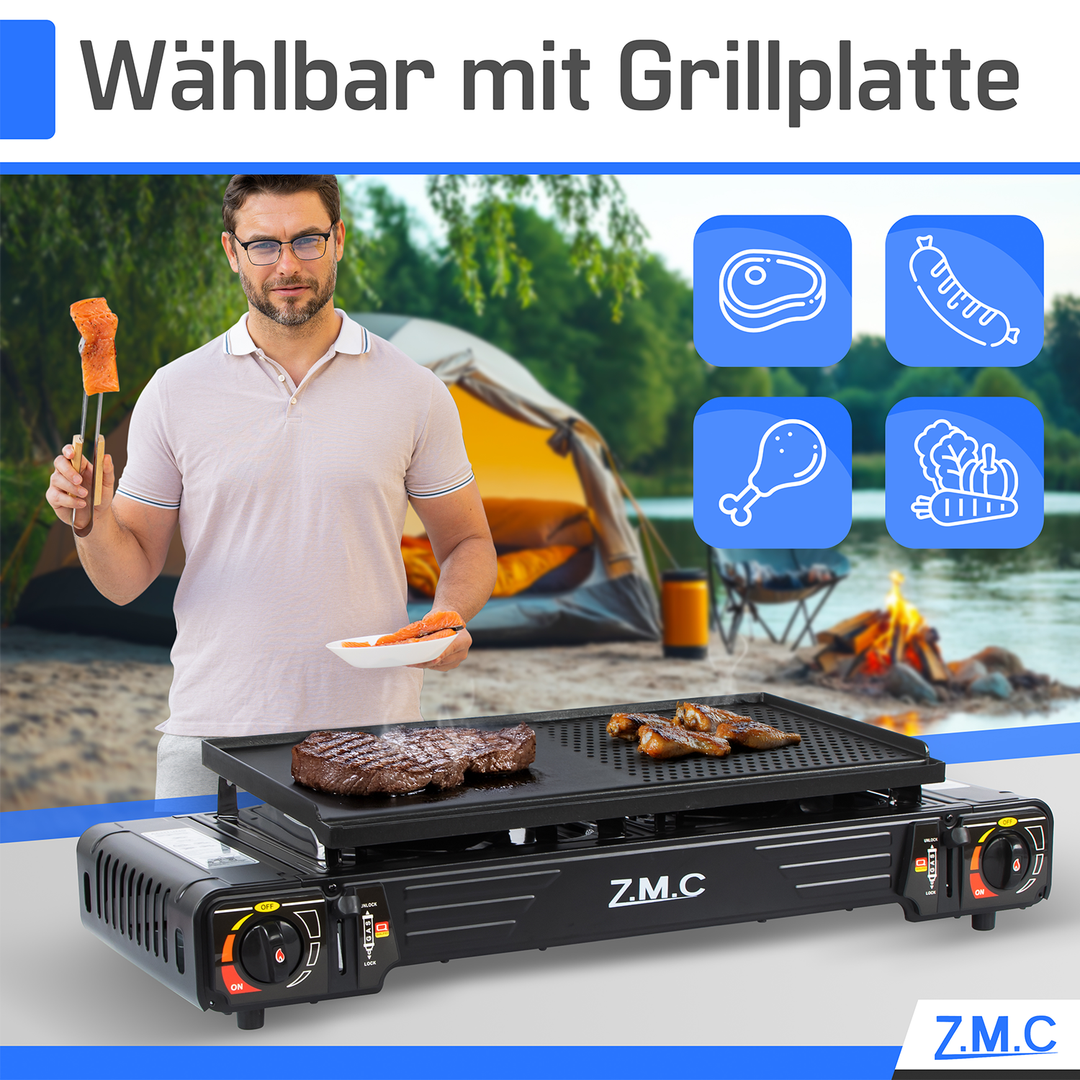 Z.M.C PREMIUM Campingkocher 2-flammig 4,0 kW mit Piezo-Zündung | Gaskocher mit Windschutz &amp; Koffer, + optionale Grillplatte &amp; Kartuschen