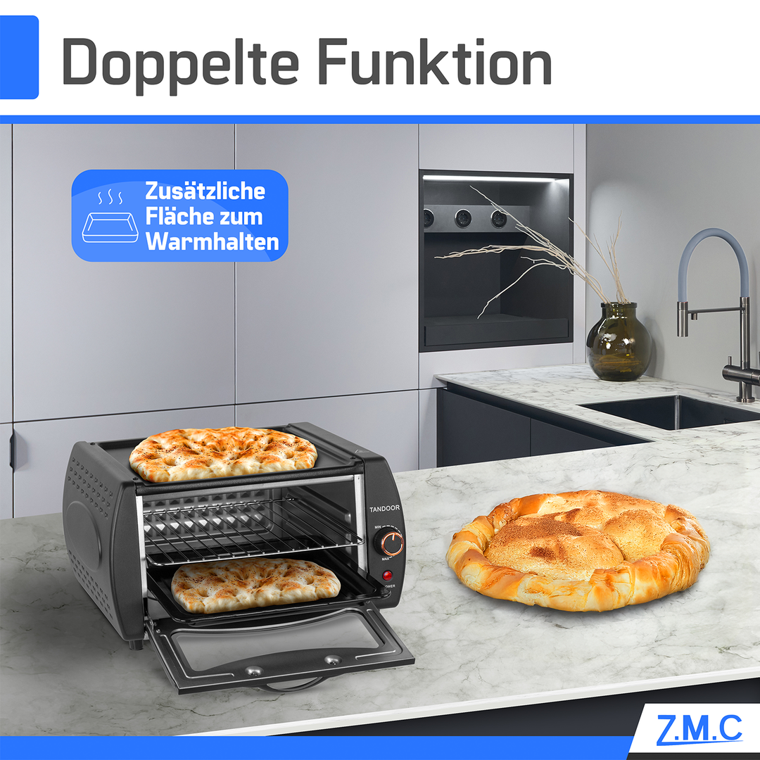 ZMC Mini Tandoor Backofen 2100W – 22L Minibackofen für Lahmacun, Pizza, Fladenbrot &amp; Naan | Kompakt &amp; leistungsstark | inkl. Grillrost &amp; Backblech | Ideal für Küche &amp; schnelles Aufheizen