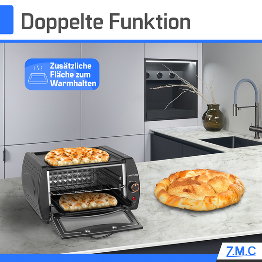 ZMC Mini Tandoor Backofen 2100W – 22L Minibackofen für Lahmacun, Pizza, Fladenbrot &amp; Naan | Kompakt &amp; leistungsstark | inkl. Grillrost &amp; Backblech | Ideal für Küche &amp; schnelles Aufheizen