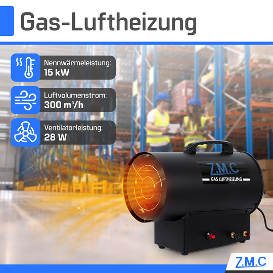 ZMC Gasheizgebläse Heißluftgenerator 15 kW inkl. Gasschlauch und Druckregler, Gasheizlüfter mit Piezozündung, Heizkanone 300 m³/h Luftvolumenstrom