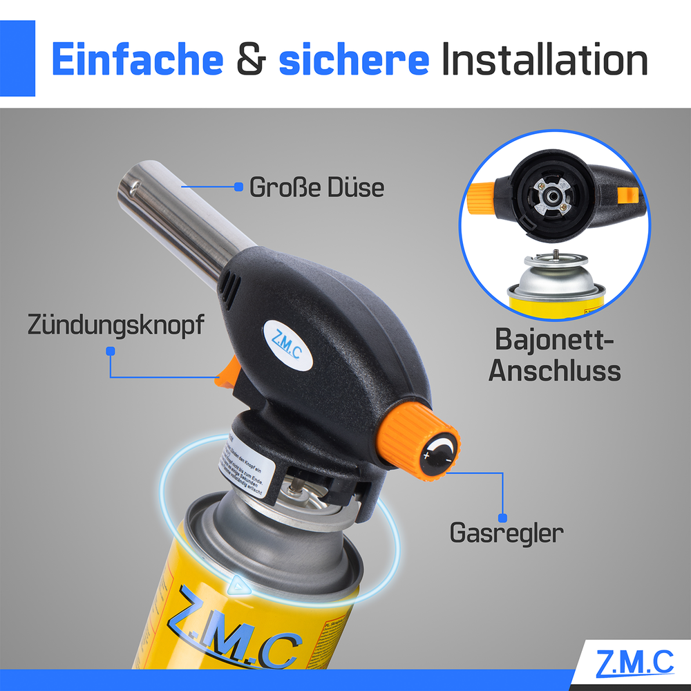 Z.M.C Gasbrenner & Bunsenbrenner 1,3 kW bis 1300 °C | Lötbrenner mit Piezo-Zündung & Flammenregler, + optionale 227g Gaskartuschen
