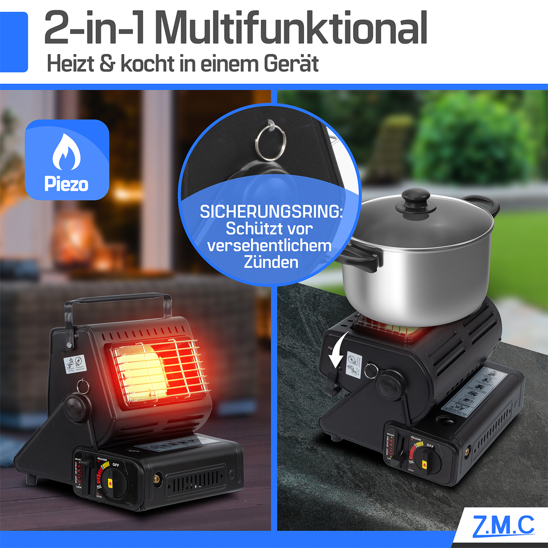 ZMC 2-in-1 Tragbare Gasheizung &amp; Gaskocher 1,3 kW mit LPG Anschluss und Piezozündung, Outdoor Camping Heizer &amp; Kocher für Zelt, Terrasse, Notfall, wahlweise mit 227g Gaskartuschen erhältlich