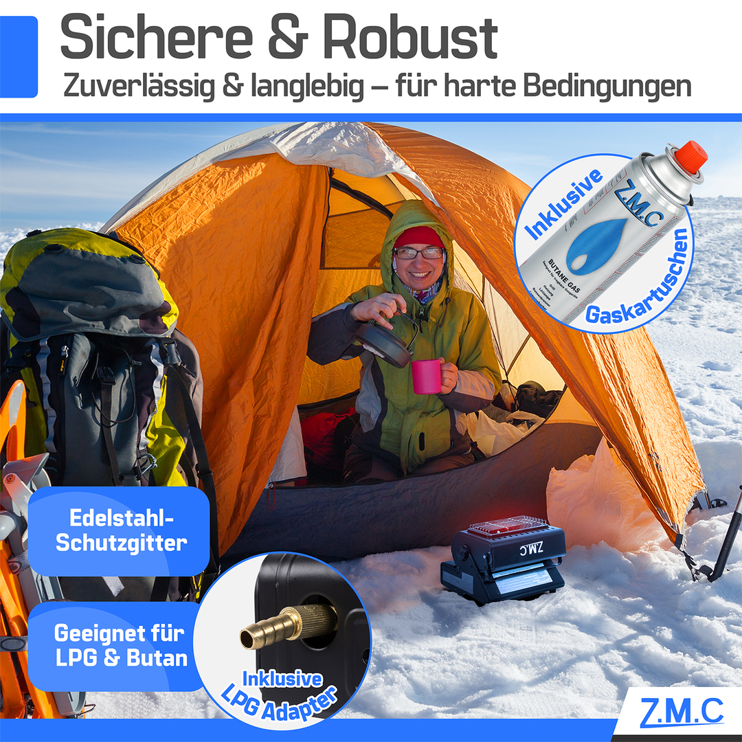 ZMC 2-in-1 Tragbare Gasheizung &amp; Gaskocher 1,3 kW mit LPG Anschluss und Piezozündung, Outdoor Camping Heizer &amp; Kocher für Zelt, Terrasse, Notfall, wahlweise mit 227g Gaskartuschen erhältlich