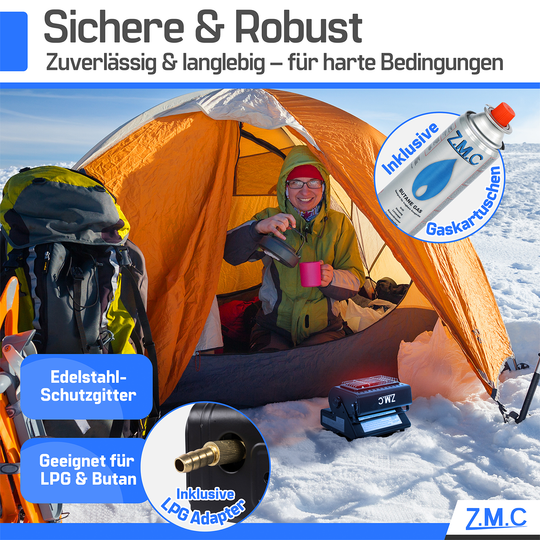 ZMC 2-in-1 Tragbare Gasheizung &amp; Gaskocher 1,3 kW mit LPG Anschluss und Piezozündung, Outdoor Camping Heizer &amp; Kocher für Zelt, Terrasse, Notfall, wahlweise mit 227g Gaskartuschen erhältlich
