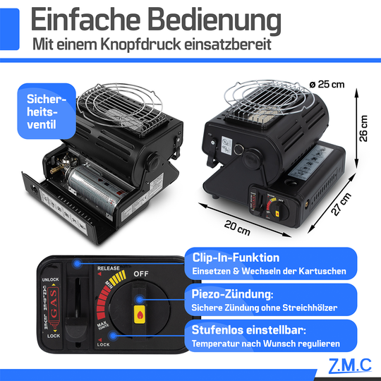ZMC 2-in-1 Tragbare Gasheizung &amp; Gaskocher 1,3 kW mit LPG Anschluss und Piezozündung, Outdoor Camping Heizer &amp; Kocher für Zelt, Terrasse, Notfall, wahlweise mit 227g Gaskartuschen erhältlich