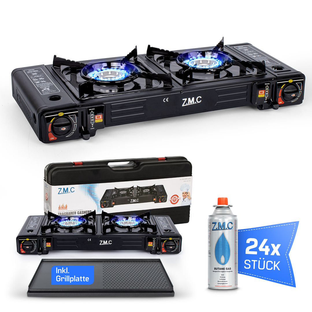 Z.M.C Campingkocher 2-flammig 2×2,3 kW mit Piezo-Zündung | Gaskocher mit LPG-Adapter &amp; Koffer, + optionale Grillplatte &amp; 227g Gaskartuschen
