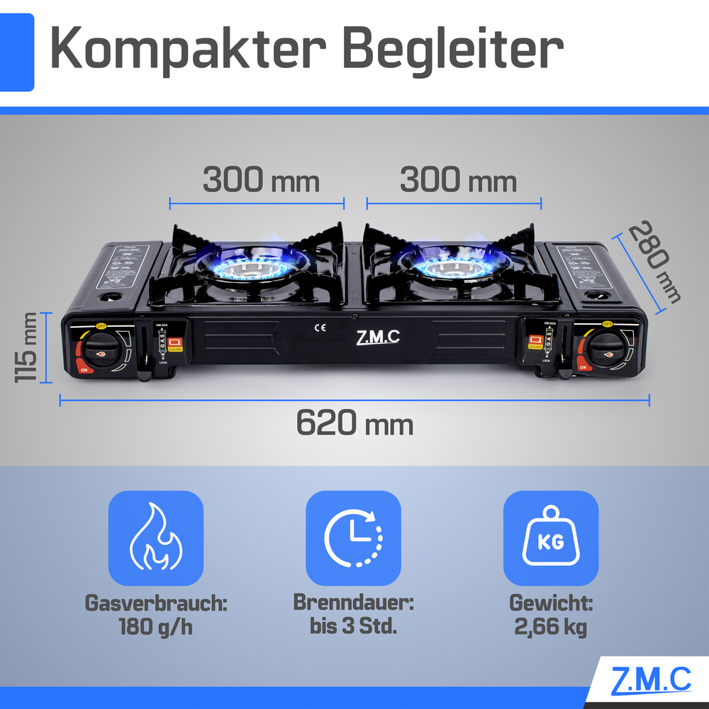 Z.M.C Campingkocher 2-flammig 2×2,3 kW mit Piezo-Zündung | Gaskocher mit LPG-Adapter & Koffer, + optionale Grillplatte & 227g Gaskartuschen