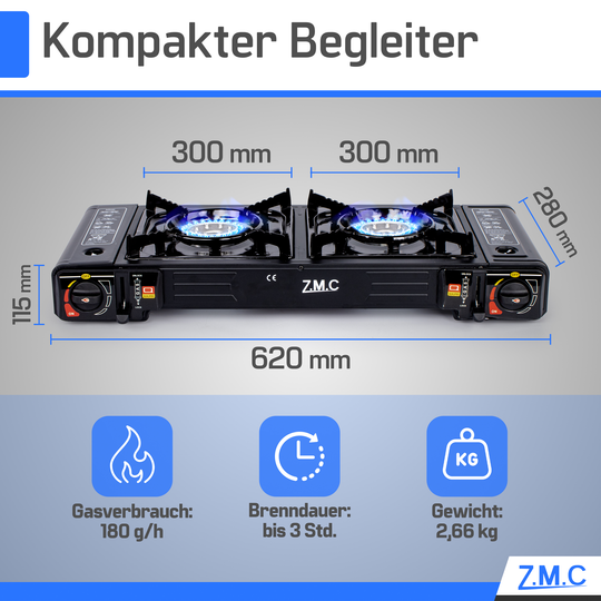 Z.M.C Campingkocher 2-flammig 2×2,3 kW mit Piezo-Zündung | Gaskocher mit LPG-Adapter &amp; Koffer, + optionale Grillplatte &amp; 227g Gaskartuschen