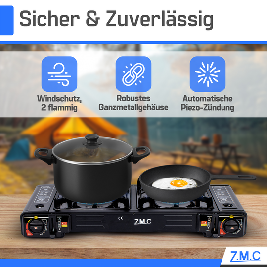 Z.M.C Campingkocher 2-flammig 2×2,3 kW mit Piezo-Zündung | Gaskocher mit LPG-Adapter &amp; Koffer, + optionale Grillplatte &amp; 227g Gaskartuschen