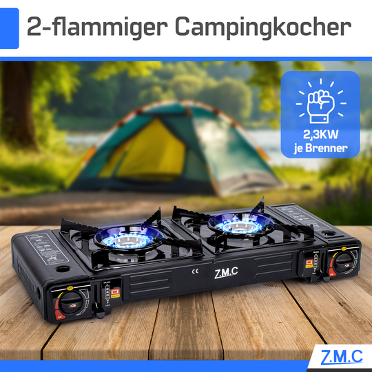 Z.M.C Campingkocher 2-flammig 2×2,3 kW mit Piezo-Zündung | Gaskocher mit LPG-Adapter &amp; Koffer, + optionale Grillplatte &amp; 227g Gaskartuschen