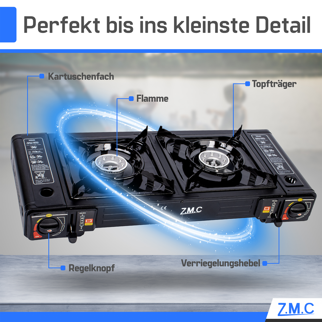 Z.M.C Campingkocher 2-flammig 2×2,3 kW mit Piezo-Zündung | Gaskocher mit LPG-Adapter &amp; Koffer, + optionale Grillplatte &amp; 227g Gaskartuschen