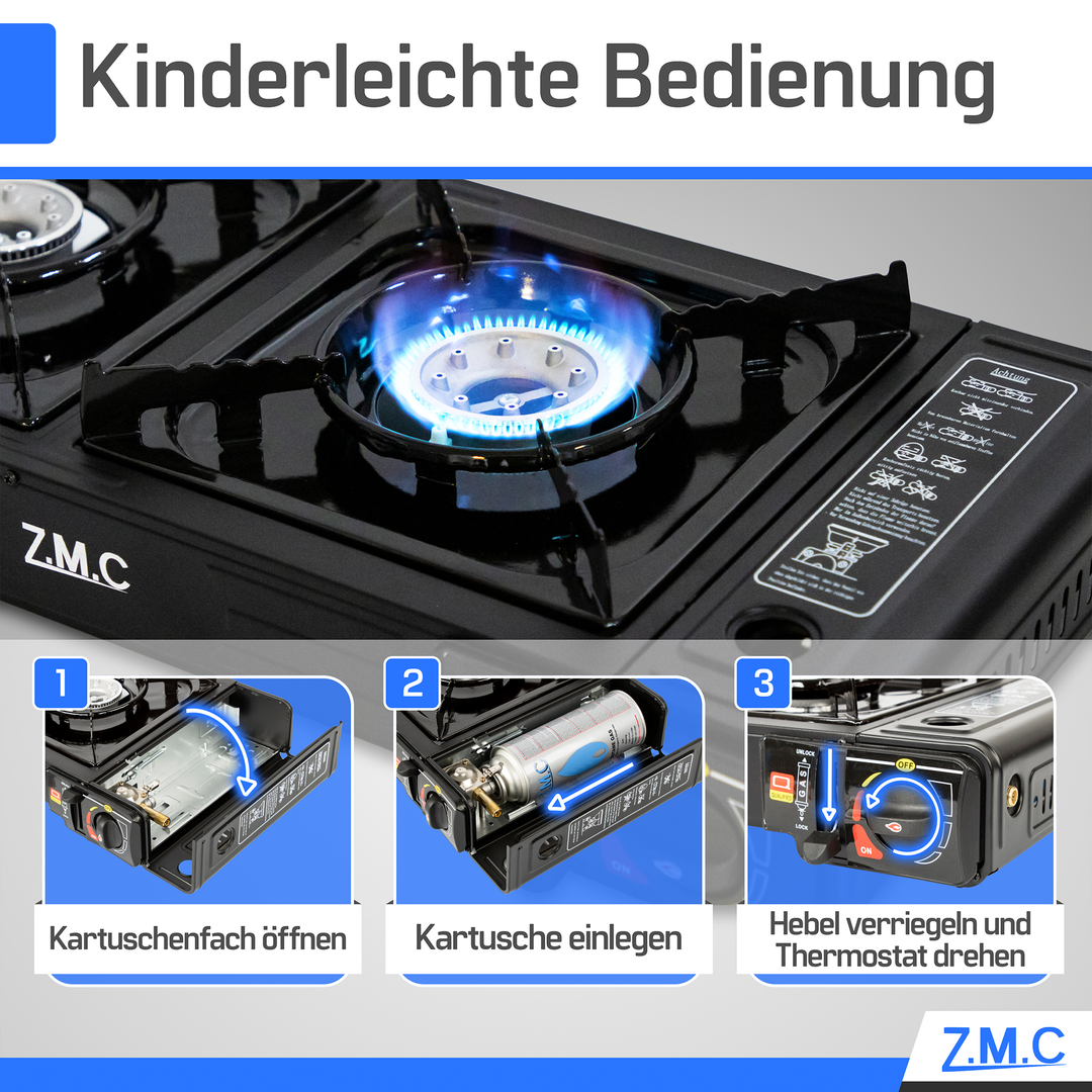 Z.M.C Campingkocher 2-flammig 2×2,3 kW mit Piezo-Zündung | Gaskocher mit LPG-Adapter &amp; Koffer, + optionale Grillplatte &amp; 227g Gaskartuschen