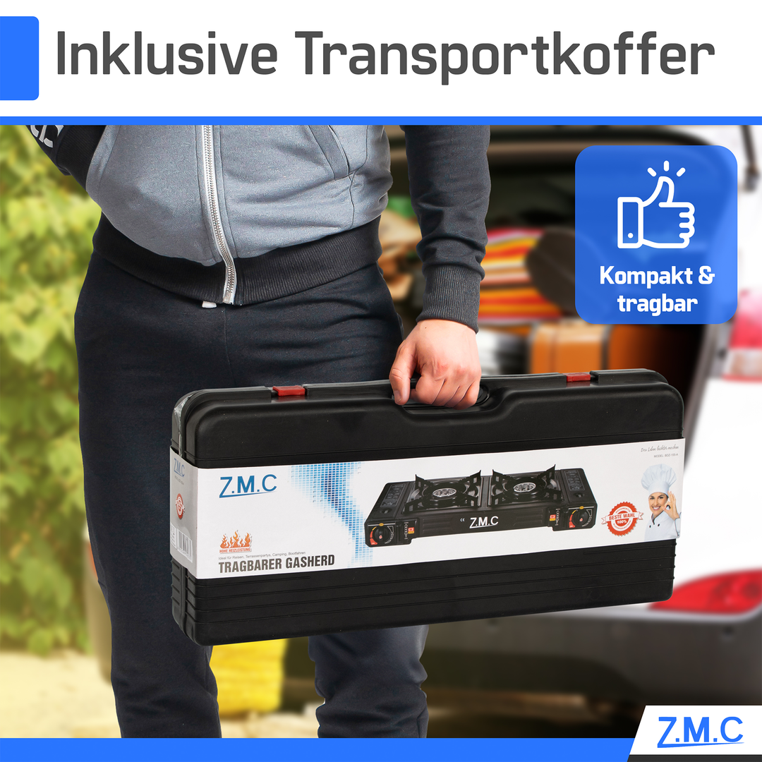 Z.M.C Campingkocher 2-flammig 2×2,3 kW mit Piezo-Zündung | Gaskocher mit LPG-Adapter &amp; Koffer, + optionale Grillplatte &amp; 227g Gaskartuschen