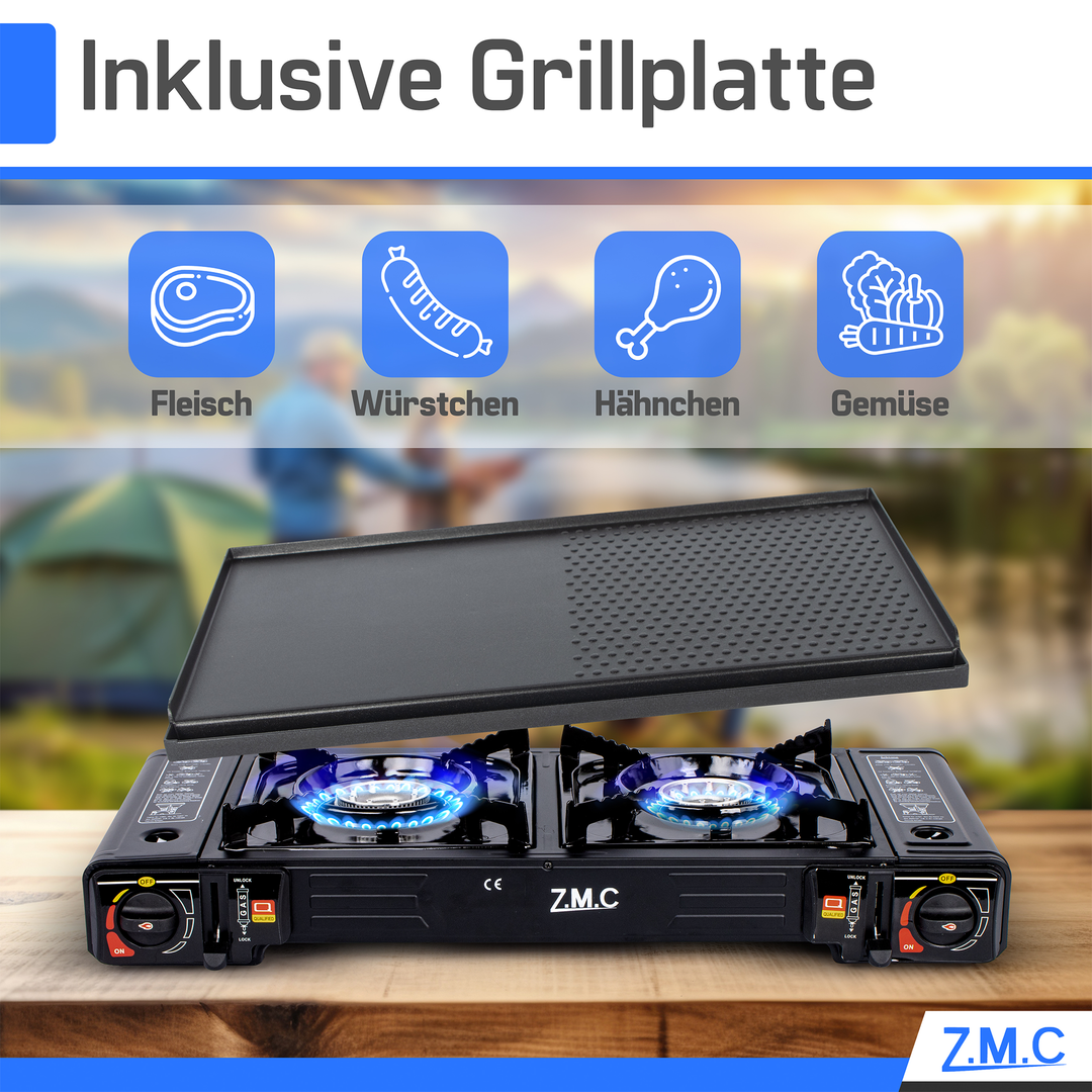 Z.M.C Campingkocher 2-flammig 2×2,3 kW mit Piezo-Zündung | Gaskocher mit LPG-Adapter &amp; Koffer, + optionale Grillplatte &amp; 227g Gaskartuschen