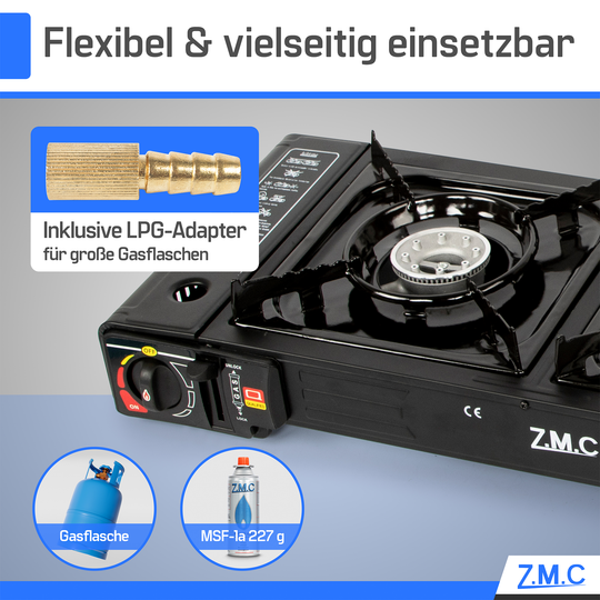 Z.M.C Campingkocher 2-flammig 2×2,3 kW mit Piezo-Zündung | Gaskocher mit LPG-Adapter &amp; Koffer, + optionale Grillplatte &amp; 227g Gaskartuschen