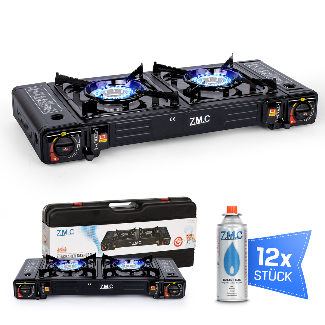 Z.M.C Campingkocher 2-flammig 2×2,3 kW mit Piezo-Zündung | Gaskocher mit LPG-Adapter &amp; Koffer, + optionale Grillplatte &amp; 227g Gaskartuschen