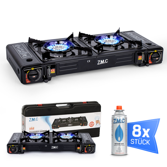 Z.M.C Campingkocher 2-flammig 2×2,3 kW mit Piezo-Zündung | Gaskocher mit LPG-Adapter &amp; Koffer, + optionale Grillplatte &amp; 227g Gaskartuschen