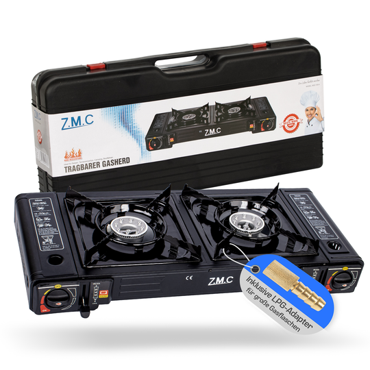 Z.M.C Campingkocher 2-flammig 2×2,3 kW mit Piezo-Zündung | Gaskocher mit LPG-Adapter &amp; Koffer, + optionale Grillplatte &amp; 227g Gaskartuschen