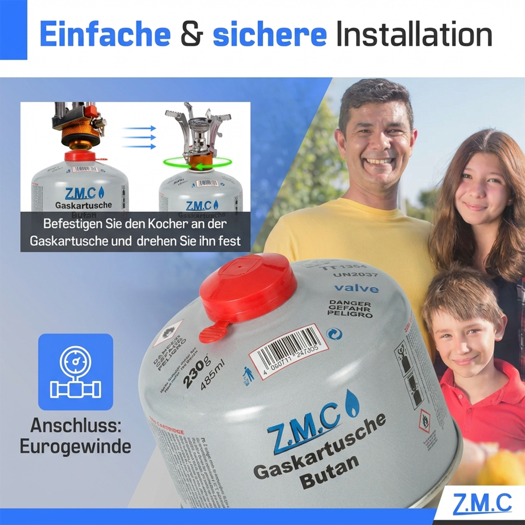 Z.M.C Schraubkartusche 230g Butan/Propan Mix | 7/16" Eurogewinde, 485 ml für Campingkocher, Gasbrenner &amp; Weber Grill – UN2037